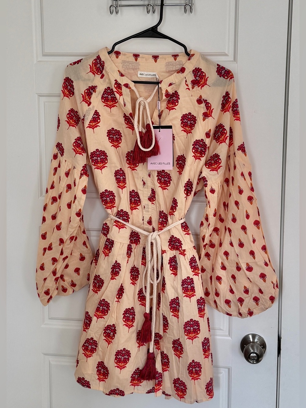 Avec Les Filles Floral Mini Dress Boho Peasant Tassel Tie Waist Size 6 - Picture 8 of 10